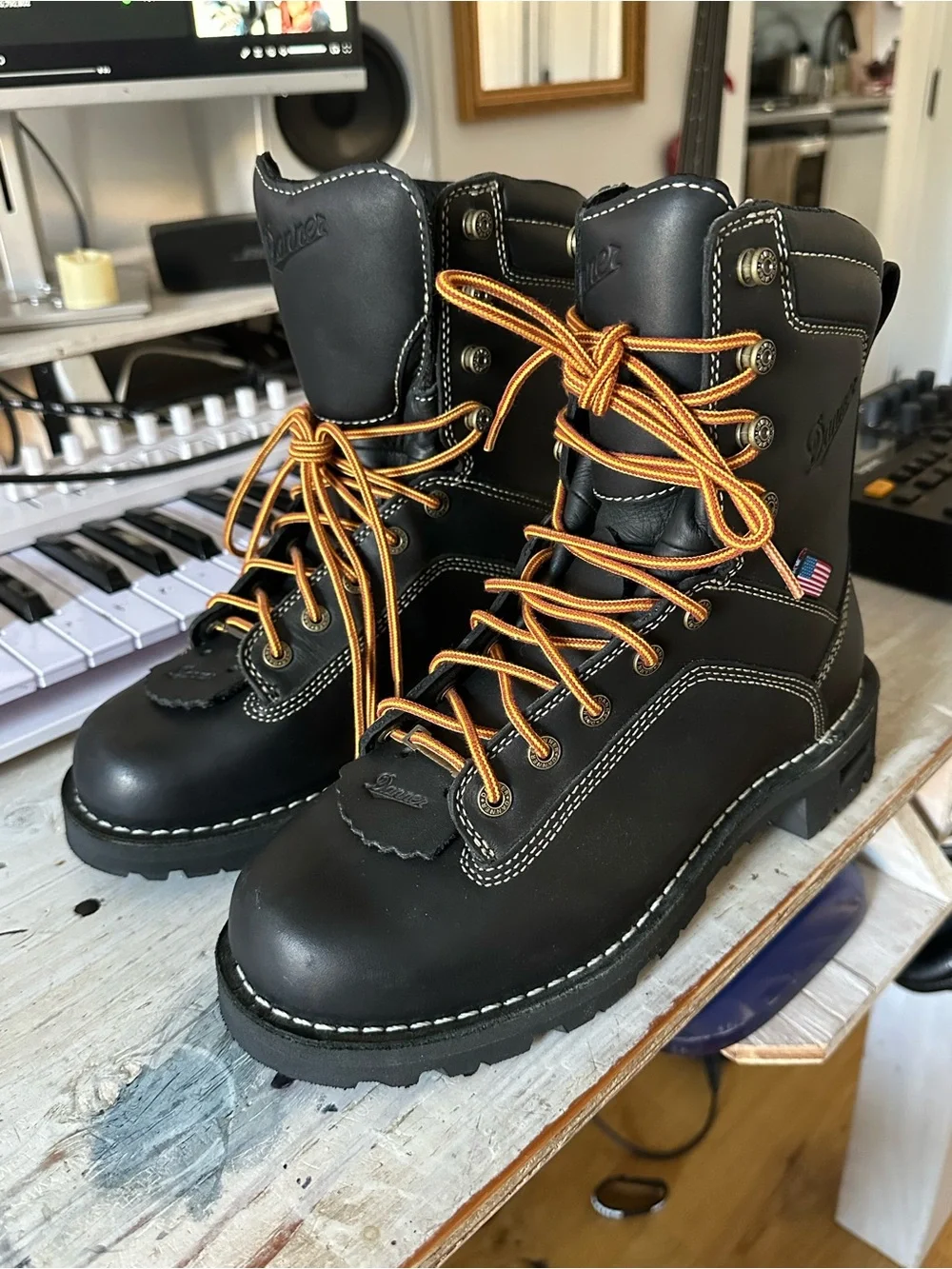 Danner Black Work Boot with Tan Laces and American Flag Accent